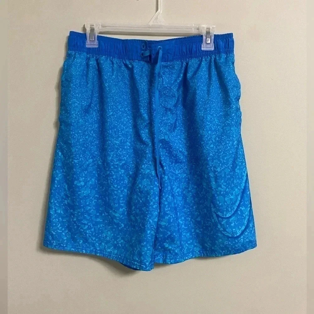 Nike Men's Blue Pull On Swim Trunk Board Shorts Unlined Logo Print Shorts Large